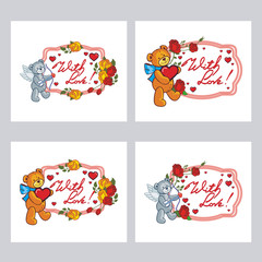 Set of cute labels with roses, teddy bear, hearts and written phrase 