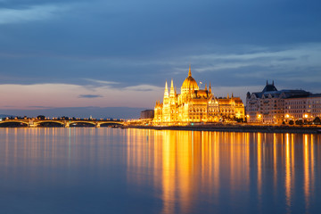 View of Budapest with the Parliament building and Margaret Bridge at sunset