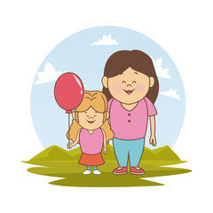 white background with color silhouette landscape with mother and little girl with balloon