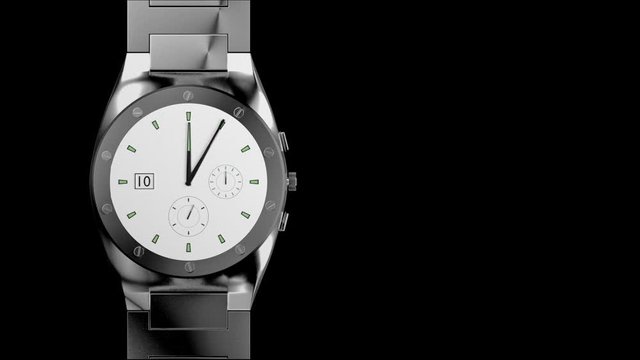 One minute in a silver luxury wristwatch. Stainless steel wrist watch clock