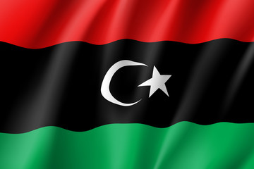Naklejka premium Libya flag. National patriotic symbol in official country colors. Illustration of Africa state waving flag. Realistic vector icon