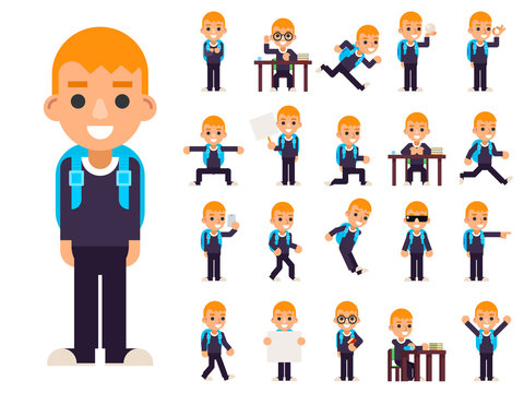 School Boy Student Pupil in Different Poses and Actions Teen Characters Kid Icons Set Isolated Education Knowledge Flat Design Vector Illustration