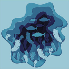  illustration of a school of fish on the seabed in algae