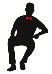 Vector, isolated, silhouette man sitting, resting, in a bow tie