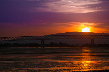 sunset on Danube river at Moldova Noua. Romania