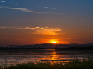 sunset on Danube river at Moldova Noua. Romania