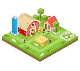 Village Agriculture Farm Rural House Building Isometric 3d Lowpoly Icon Real Estate Garden Symbol Meadow Background Flat Design Vector Illustration