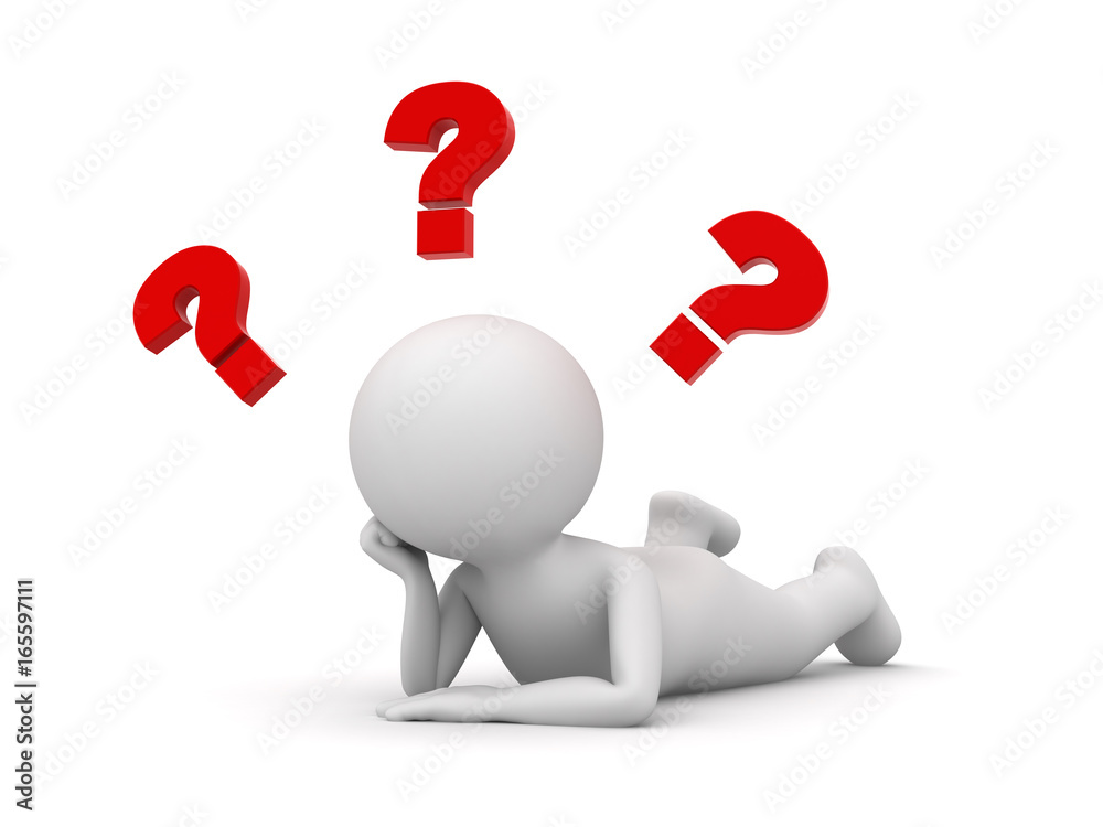 Leinwandbilder 3d man lying on his stomach and thinking with red question marks isolated over white background with shadow . 3D rendering.