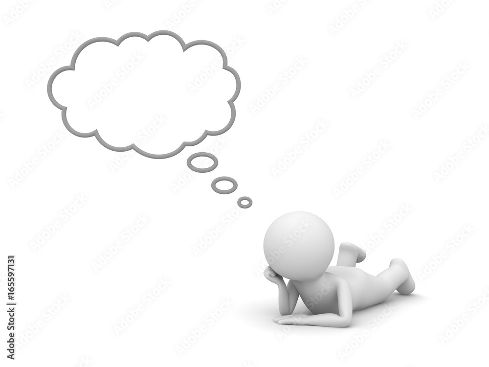 Leinwandbilder 3d man lying on his stomach and thinking with blank thought bubble isolated over white background wi