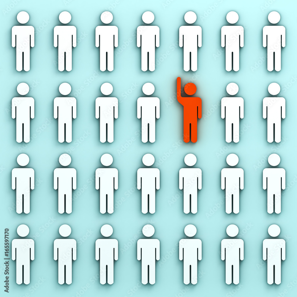 Poster stand out from the crowd and different creative idea concepts , one red man raising his hand among o