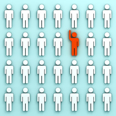 Stand out from the crowd and different creative idea concepts , One red man raising his hand among other white people on green pastel color background with shadows . 3D rendering.