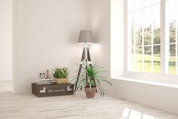 White empty room with green landscape in window. Scandinavian interior design. 3D illustration