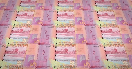 Series of banknotes of five Samoan tala of the Central Bank of Samoa rolling on screen, coins of the world, cash money, loop