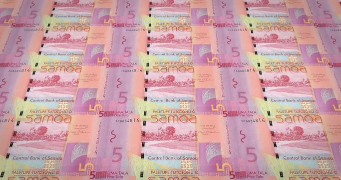 Series of banknotes of five Samoan tala of the Central Bank of Samoa rolling on screen, coins of the world, cash money, loop