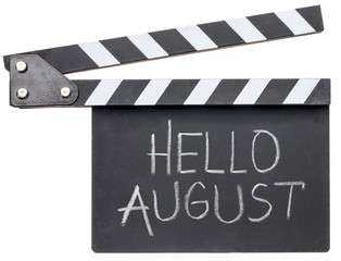 Hello August text on clapboard
