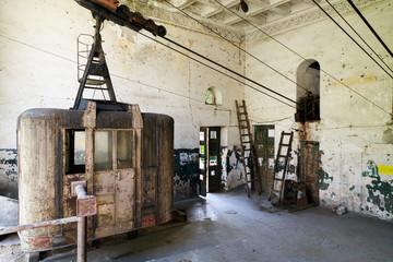 Old soviet rusty and functioning ropeway or cable car cabins in Chiatura