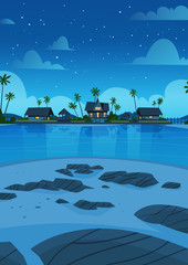 Sea Shore Beach With Villa Hotel Beautiful Seaside Landscape At Night Summer Vacation Concept Flat Vector Illustration