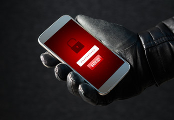 Hacked. Cyber security and online fraud concept. Mobile hacker and criminal login to personal...