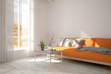 White minimalist room with orange sofa. Scandinavian interior design. 3D illustration