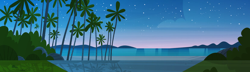 Fototapeta na wymiar Sea Shore Beach After Sunset Beautiful Seaside Night Landscape Summer Vacation Concept Flat Vector Illustration