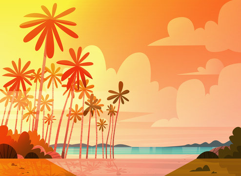 Sea Shore Beach On Sunset Beautiful Seaside Landscape Summer Vacation Concept Flat Vector Illustration