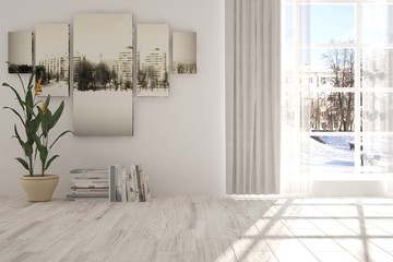 White empty room with winter landscape in window. Scandinavian interior design. 3D illustration