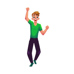 Young man, boy, guy, rejoicing, cheering, jumping in happiness and excitement, cartoon vector illustration isolated on white background. Full length portrait of happy rejoicing young man