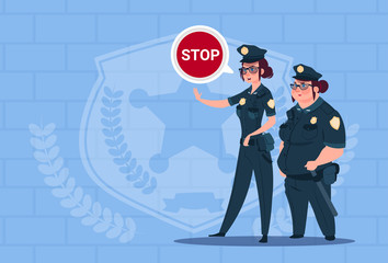 Two Police Women Holding Stop Sign Wearing Uniform Female Guards On Blue Bricks Background Flat Vector Illustration