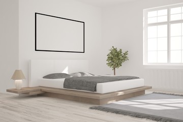 White modern bedroom. Scandinavian interior design. 3D illustration