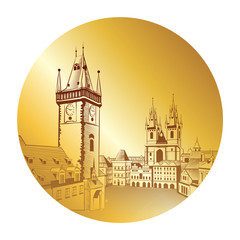 Obraz premium Prague Vintage drawing on a gold background. Ancient city engraving in a round frame.