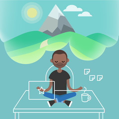 Dealing with stress. Young black character meditating in lotus pose with closed eyes in office. Yoga and meditation / flat editable vector illustration, clip art