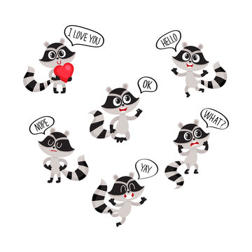 Cute raccoon character showing different emotions with speech bubbles, cartoon vector illustration isolated on white background. Funny little raccoon character saying words, showing emotions