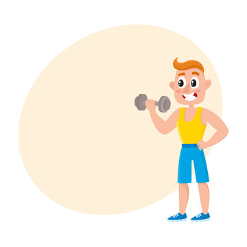 Young man training biceps with dumbbell, doing sport exercises in gym, cartoon vector illustration with space for text. Cartoon man, guy doing fitness, weightlifting, bodybuilding in gym