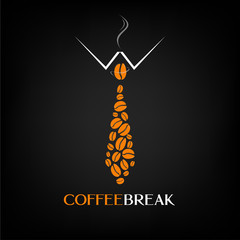 Fashion style design coffee logo with a tie vector illustration. Creative idea coffee beans banner or poster.  Coffee break text. Funny coffee poster.