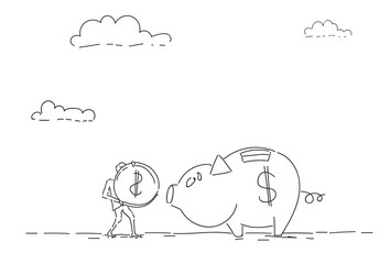 Business Man Put Coin Piggy Bank Money Investment Concept Vector Illustration