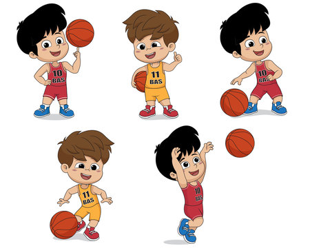 Set of kid playing basketball.