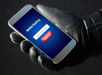 Mobile banking hack and cyber security concept. Hacker and criminal login to persons online bank...