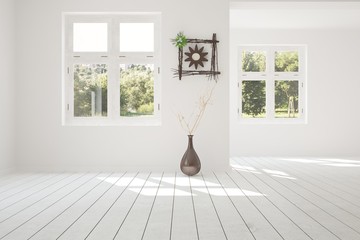 White empty room with summer landscape in window. Scandinavian interior design. 3D illustration