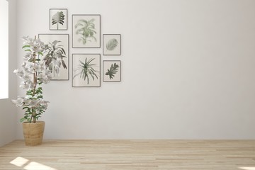 Fototapeta na wymiar Idea of white empty room with flower and blank wall. Scandinavian interior design. 3D illustration