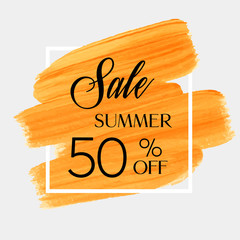 Sale summer 50% off sign over grunge brush art paint abstract texture background design acrylic stroke poster vector illustration. Perfect watercolor design for sale shop and sale banners.