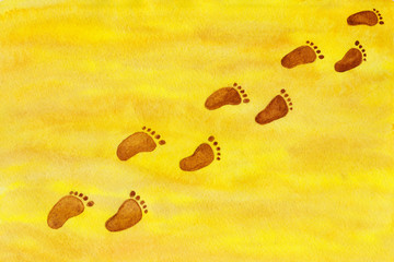 Foot steps on a sandy shore watercolor painting