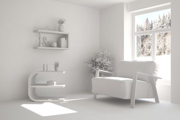 Idea of white room with armchair. Scandinavian interior design. 3D illustration