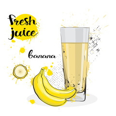 Banana Juice Fresh Hand Drawn Watercolor Fruits And Glass On White Background Vector Illustration