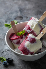 Berry popsicles on rustic background