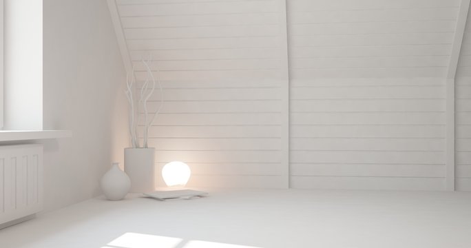 Idea of white empty room with lamp. Scandinavian interior design. 3D illustration