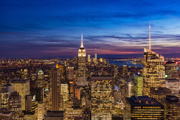 USA, New York, New York City. Panoramic view over Manhattan with skyscrapers at sunset