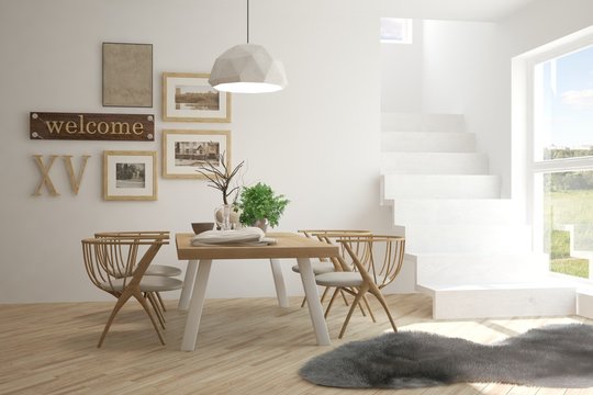 Idea of white minimalist dinner room. Scandinavian interior design. 3D illustration