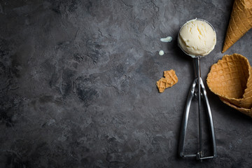 Vanilla ice cream on rustic background