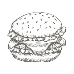 Vector vintage burger drawing. Hand drawn monochrome fast food illustration.