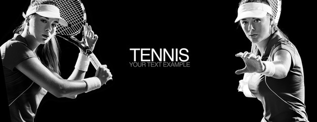 Sport concept. Sports woman tennis player with a racket. Copy space. Black and white photo. Sport concept.